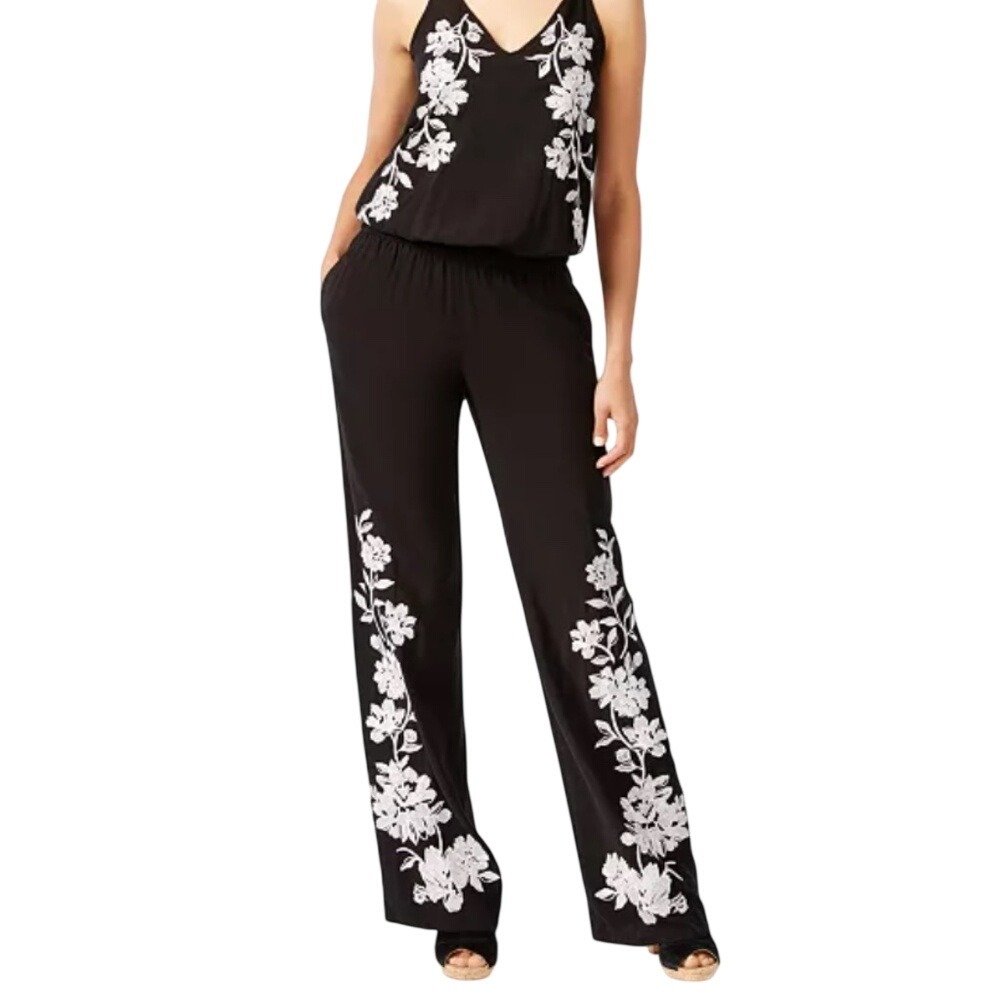 I.N.C. Floral‎ Appliques Embroidered Jumpsuit Womens M Black/White